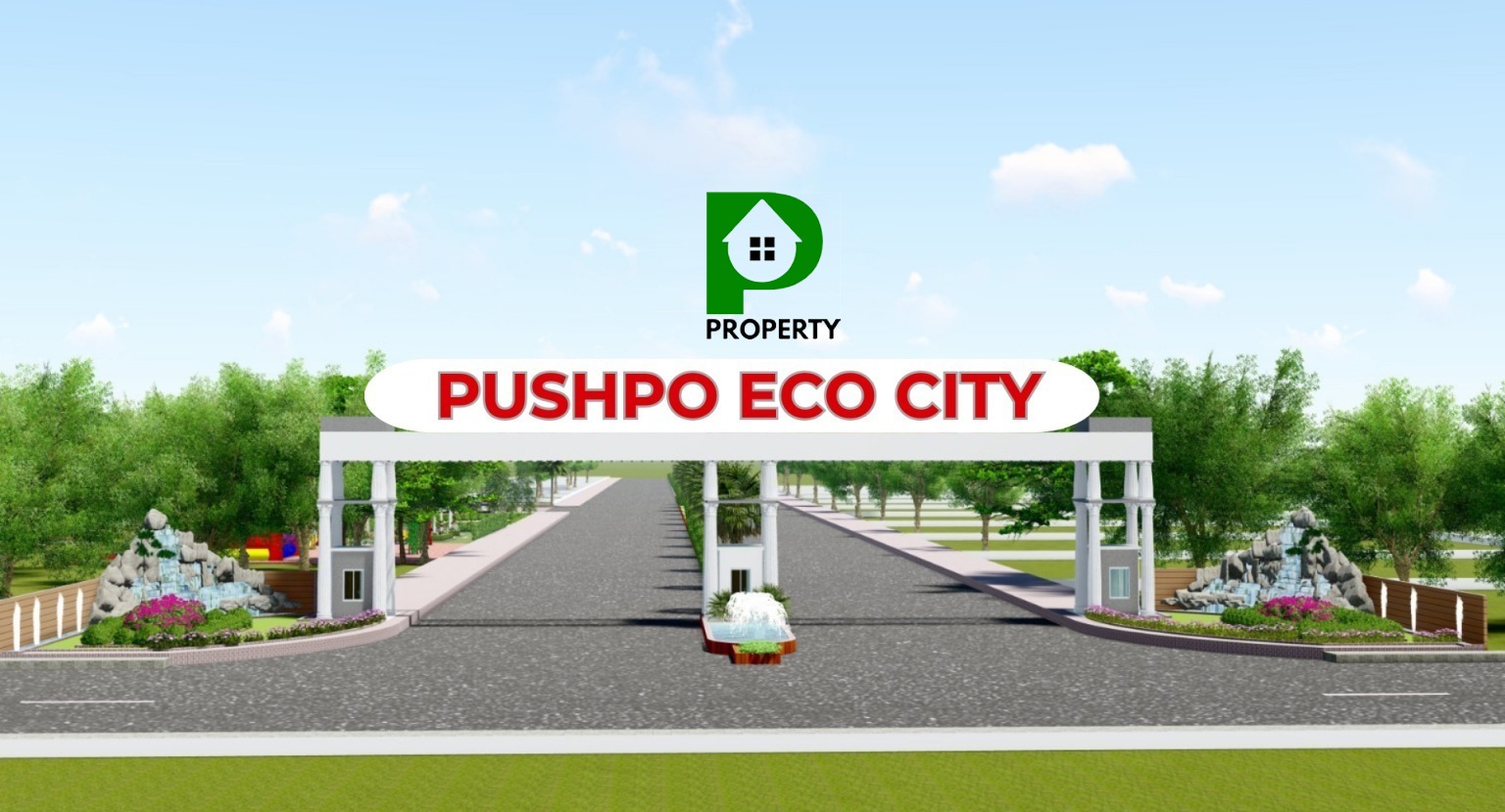 Pushpo Eco City master-planned residential community with lush greenery, wide roads, lakeside environment, and eco-friendly modern housing near Dhaka.